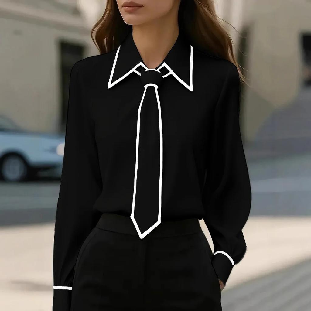 Women's Commuting Tie Long Sleeve Shirt Trim Tops Slim Fit Turn Down Collar  Solid Blouse Shirts Workwear Business Blouses