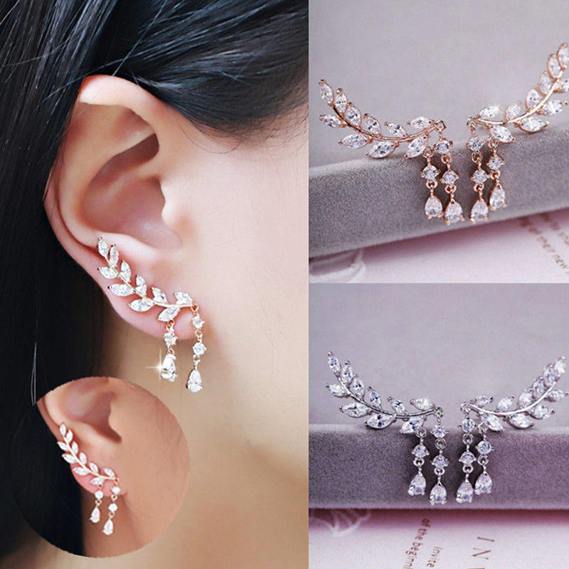 Women Gold Silver  Zircon Leaves Tassel Ear Stud Earrings Jewelry