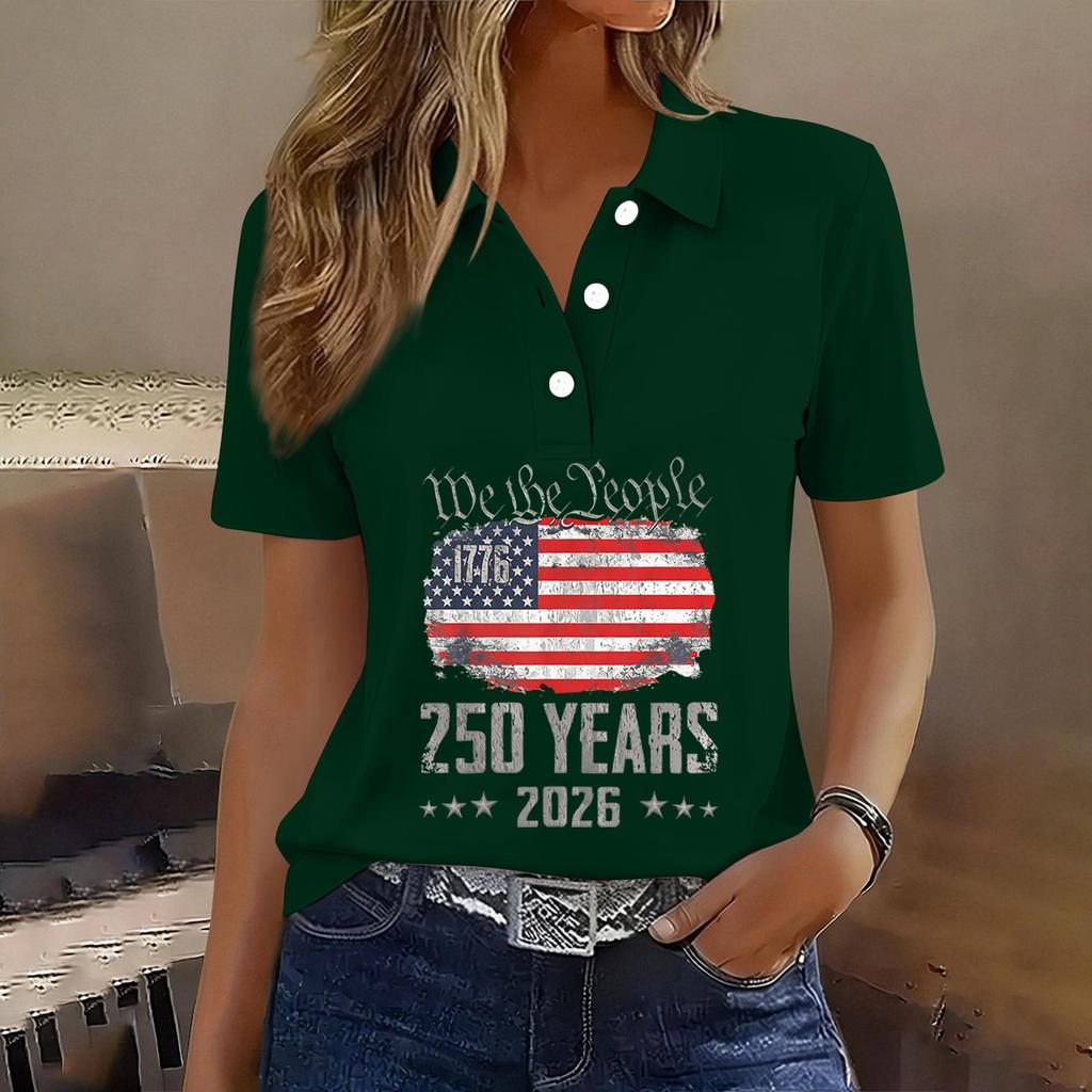 Damen Freizeit Kurzarm Hemd mit Knöpfen 250. Jubiläum Grafikdruck Polo Top für Unabhängigkeitstag Feier 2026 Gedenk-T-Shirt