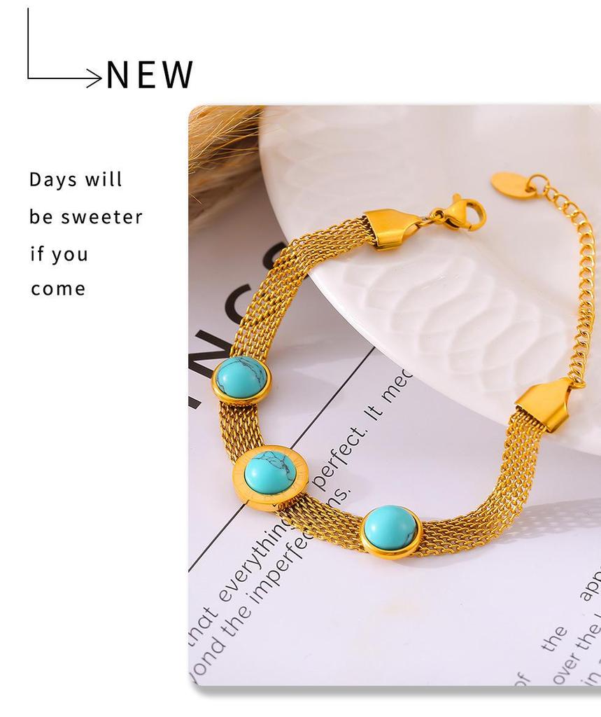 18K Gold Plated European-Style Turquoise Mesh Bracelet with Retro Design