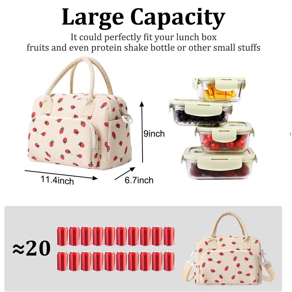 Strawberry Corduroy Insulated Waterproof Lunch Bag - Large Capacity Picnic Handbag