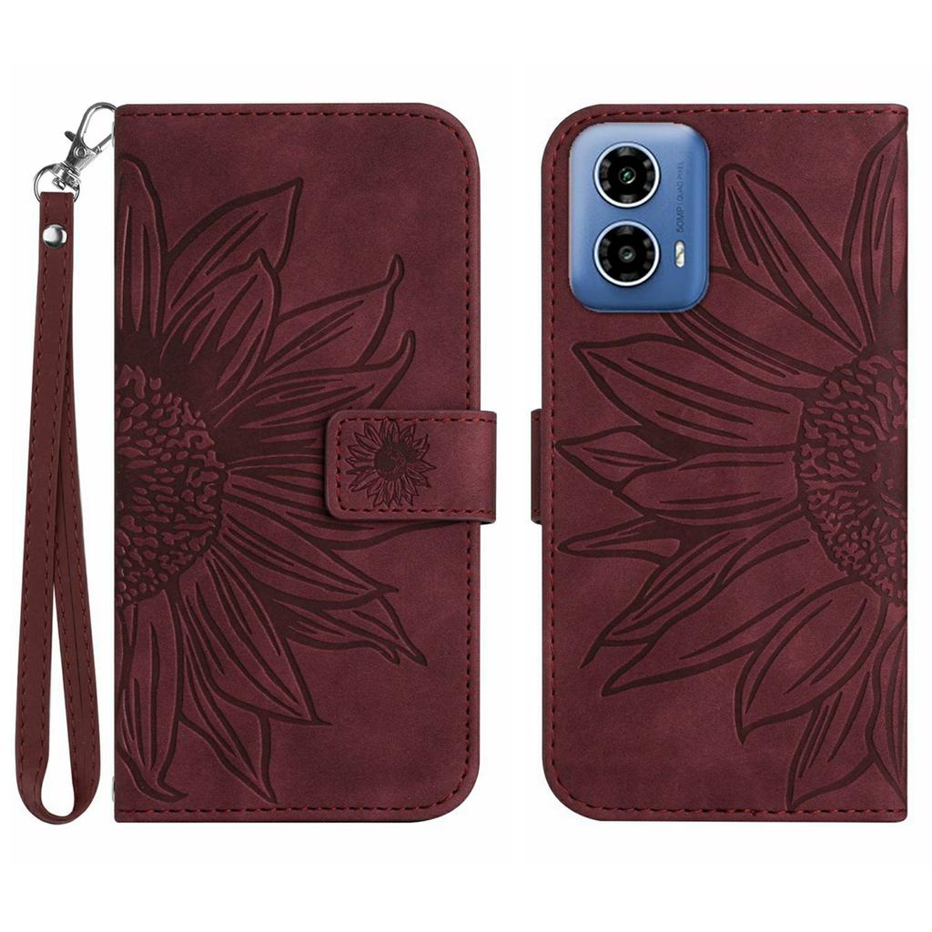 HT04 For Motorola Moto G35 5G Case Sunflower Imprint Leather Wallet Phone Cover with Wrist Strap
