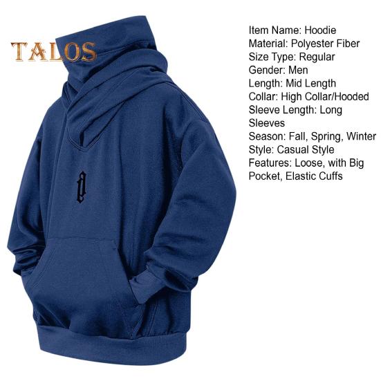 Men Winter Hoodie High Collar Neck Protection Hooded Pullover Long Sleeves with Big Pocket Elastic Cuffs And Hem Loose Daily Sport Top