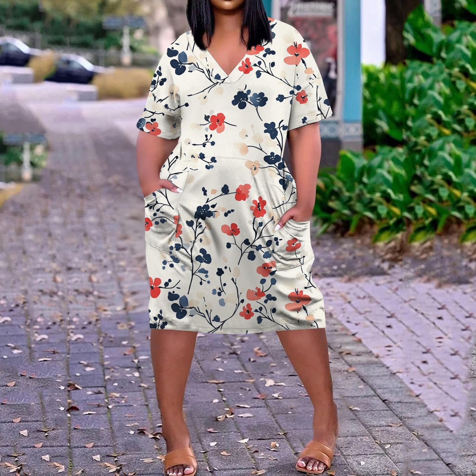 

Летнее повседневное платье больших размеров с V-образным вырезом и коротким рукавом, карманом на колене для женщин XL белый