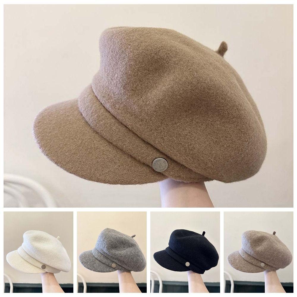 Casual Solid Color Wool Beret Cap Dome Knitted Female Painter Cap Big Head Circumference Versatile Octagonal Brimless Hat Spring