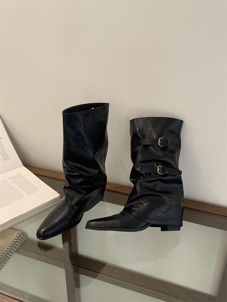 Pleated belt buckle stack boots women's trouser boots 2025 autumn and winter new thick heel medium tube knight boots Martin boots
