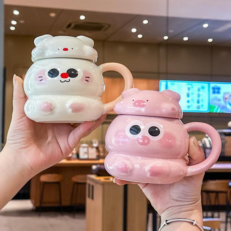 Freundinnen Geburtstagsgeschenke, niedliche und hochwertige Bärenbecher mit Deckel und Löffel, kreative Keramik-Wassergläser, Geburtstagsgeschenke