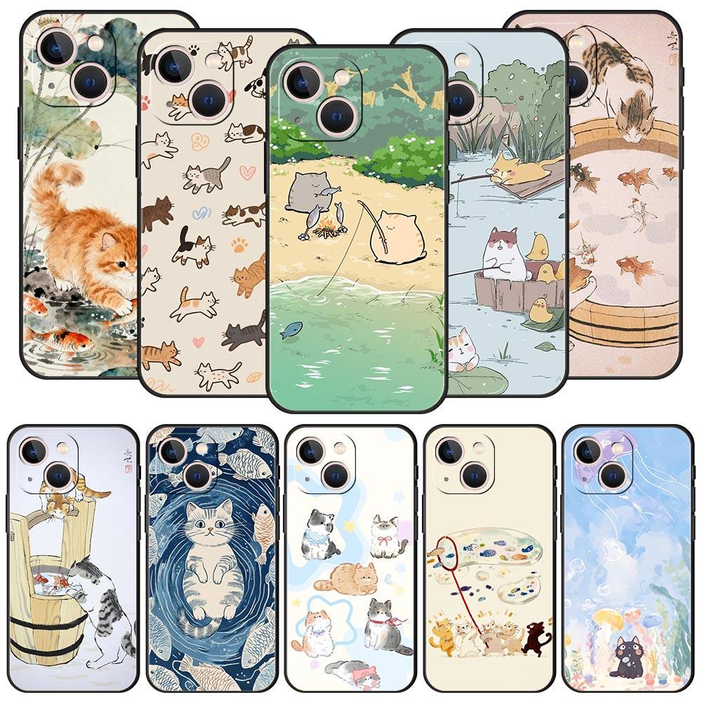 Cat Fishing Phone Case For iPhone 17 Air 16 Plus 13 15 14 12 11 Pro MAX 7 8 SE Soft TPU Shockproof Cover Funda