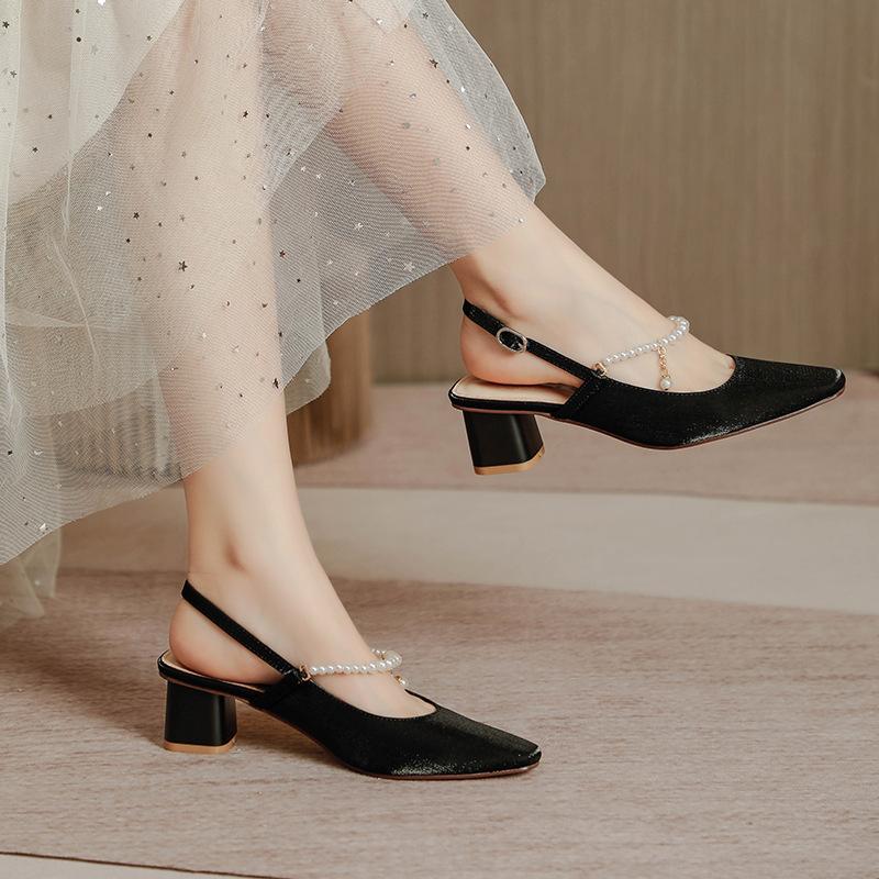 High-heeled bag head sandals women's summer 2025 new square head back strap pearl sexy fairy wind thick heel medium heel single shoes
