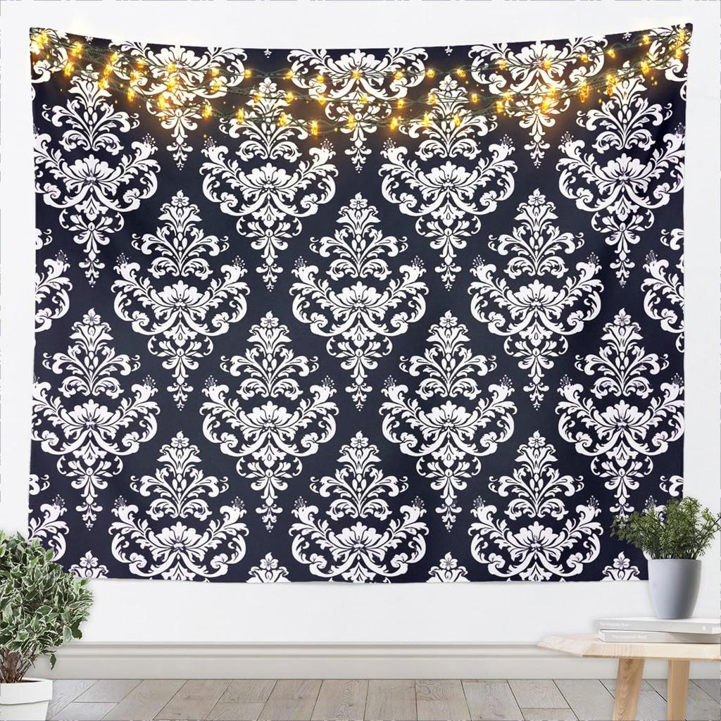 Kids Black White Wall Hanging Blanket for Boys Girls Teens Antique Victorian Baroque Wall Art Breathable Gothic Vintage Floral