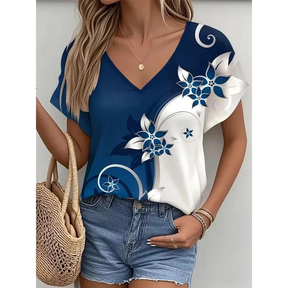 Summer Women Beautiful Flowers V Neck Casual Fashion Tops Comfortable Loose Short Sleeve T-shirt
