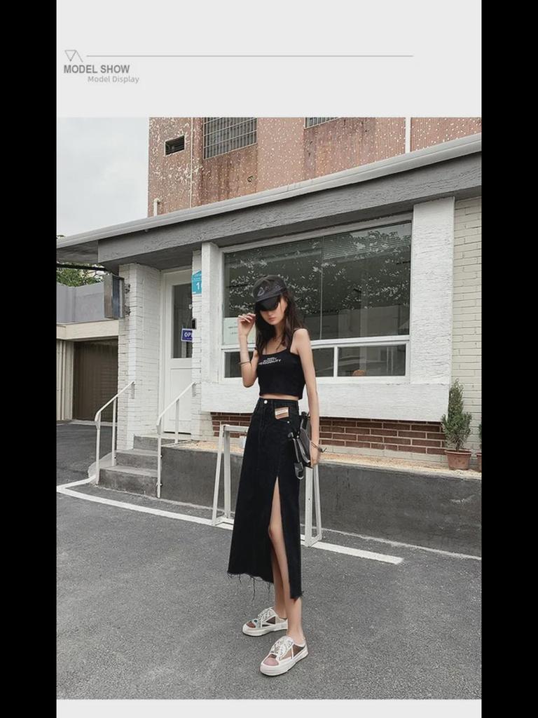 Black High Waist A-Line Denim Skirt with Side Slit - Trendy Summer Fashion for Women