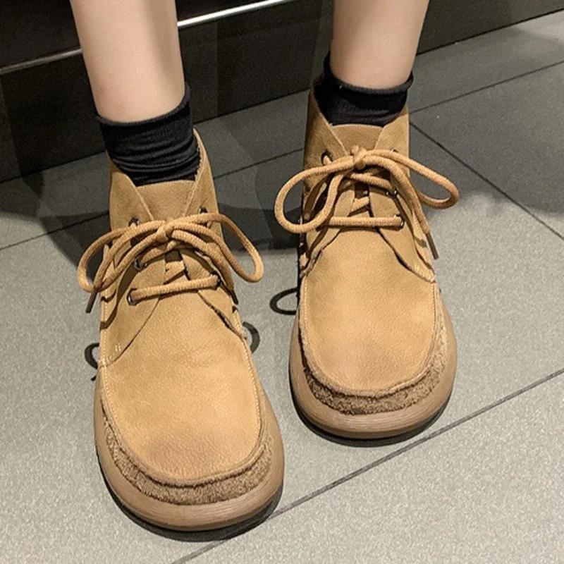 Fashion 2025 Hot Sale Shoes for Women Lace Up Women's Boots Winter Round Toe Solid Flock Naked Boots Low-heeled Concise Fashion Boots