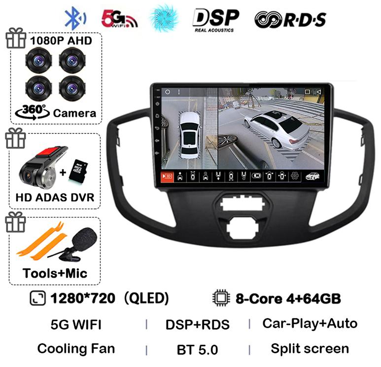 Android 14 Carplay Auto WIFI+4G For Ford Transit 2015 2016 2017 2018 GPS Car Radio Multimedia Video Player Stereo 360 Camera DSP