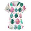 Women's Fashionable V-neck Short-sleeved Work Top With Double Side Slits And Pockets, Featuring Easter Bunny And Egg Prints.