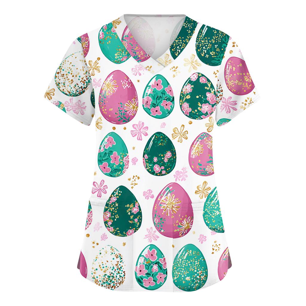 Women's Fashionable V-neck Short-sleeved Work Top With Double Side Slits And Pockets, Featuring Easter Bunny And Egg Prints.