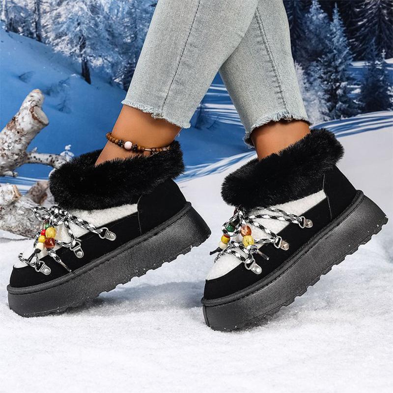 Bohemian Lace Up String Bead Snow Boots Women Winter Soft Faux Fur Warm Ankle Boots Woman Plus Size36-43 Platform Botas Mujer