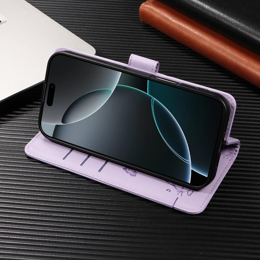 IPhone/Samsung/Xiaomi Redmi 3 için Bileklikli Sevimli Kabartmalı Kedi ve Kelebek Cüzdan Kılıf Kart Yuvaları ve Nakit Cebi Destek Ayaklı Telefon Kılıfı