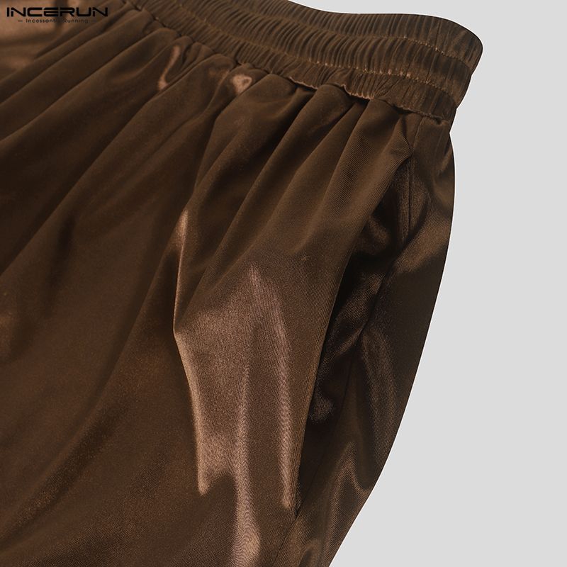 INCERUN Men's Y2K Glossy Baggy Wide Leg Pants Streetwear Hip Hop Casual Elastic Waist Bottoms