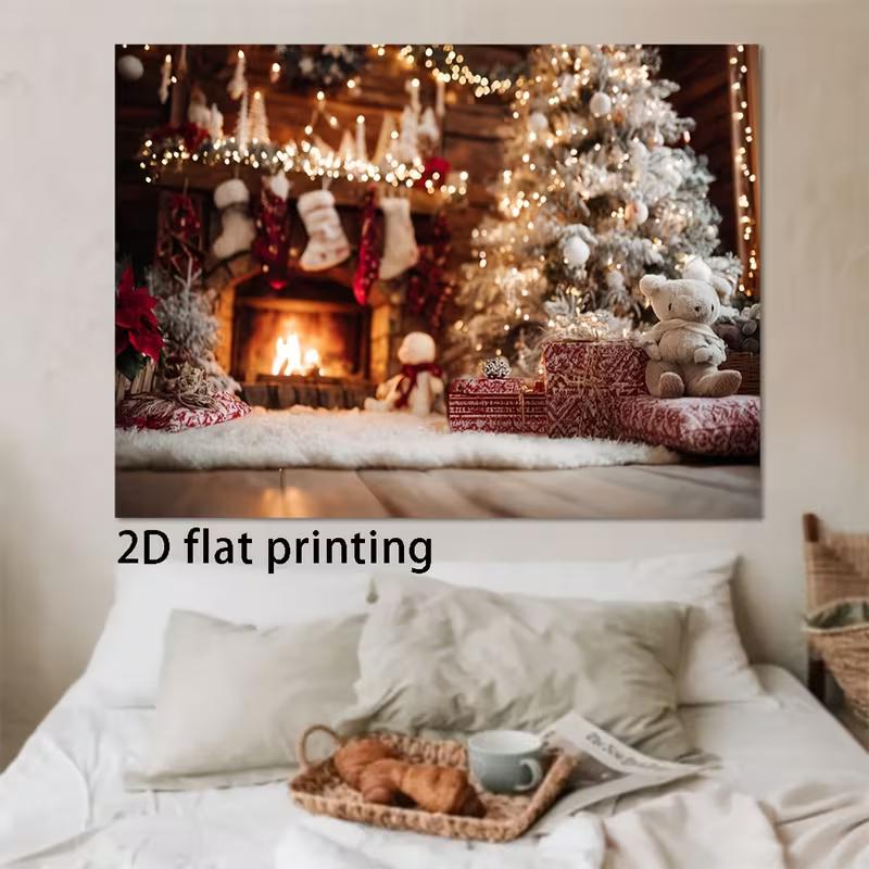 2D Cozy Fireplace Christmas Photography Backdrop, Rustic Cabin with Warm Fire & Holiday Decorations