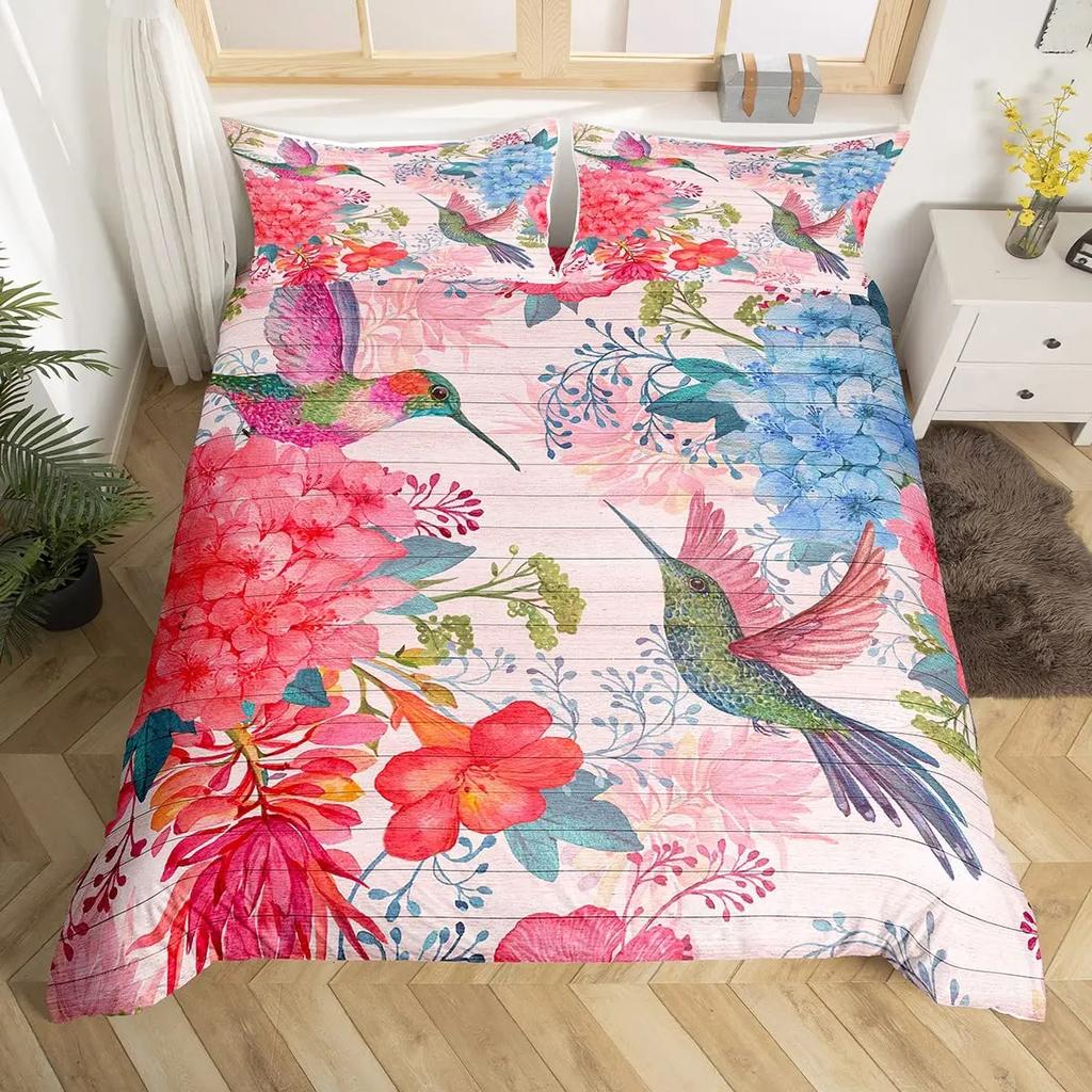 Cute Birds Duvet Cover King Size Pink Peach Flower Bedding Set Polyester Bird Butterfly Wild Animal Comforter Cover For Boy Girl