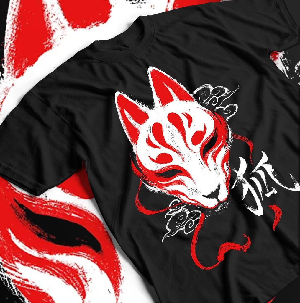 Kitsune Tshirt  Japanese Fox Tshirt  Traditional Tokyo Yokai  Harajuku Style Men and Women Summer Cotton Loose Fashion Top