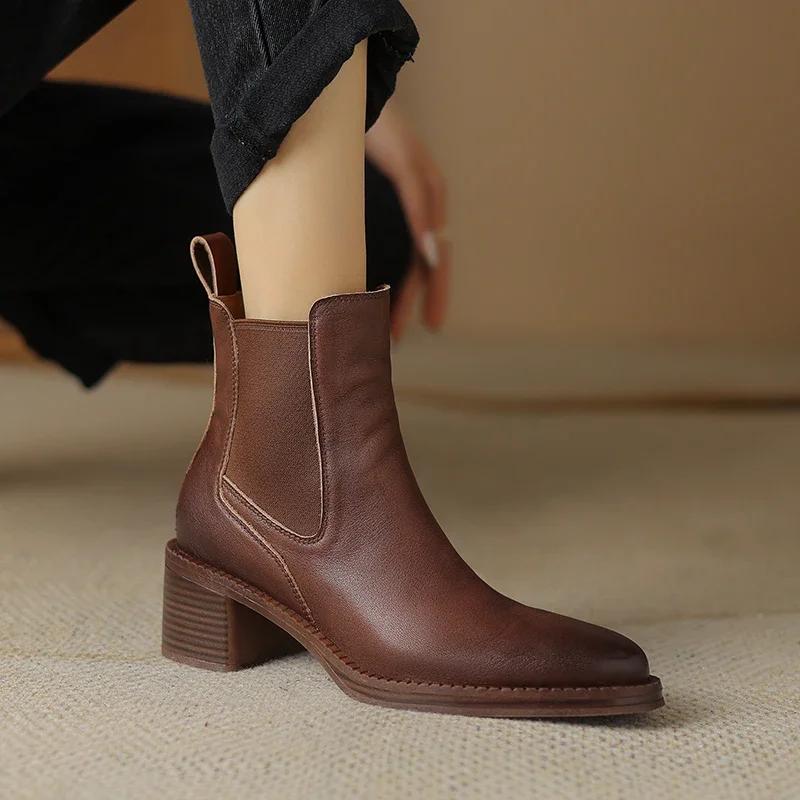 Fashion 2024 Hot Sale Women Boots Ankle Boots Genuine Leather Shoes for Women Chelsea Short Boots Chunky Heel Ladies Women Shoes