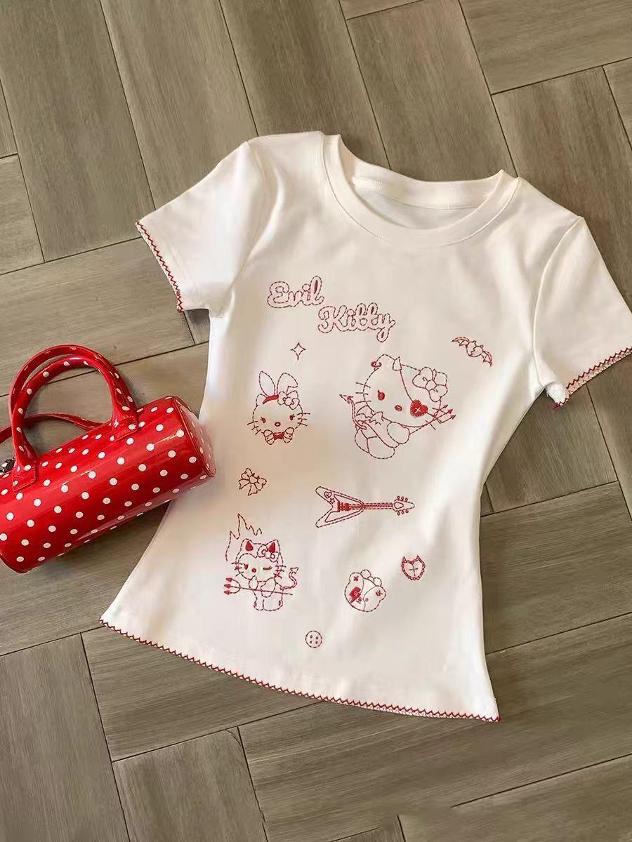 

Pure desire cartoon cat embroidery front shoulder short-sleeved t-shirt girls summer slim and thin versatile student top S (recommended within 50kg years old)
