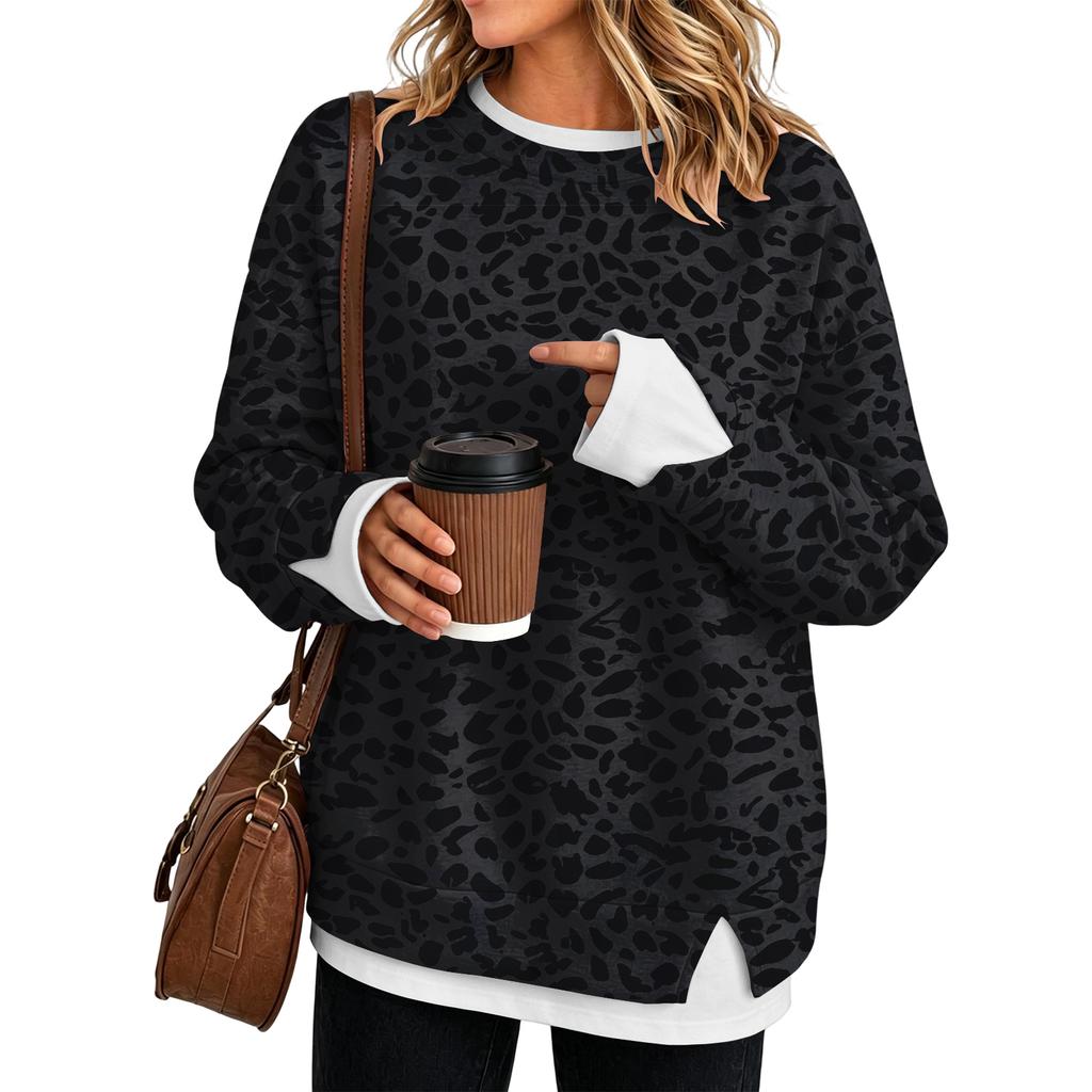Women's Leopard Print Two-Piece Long Sleeve Round Neck Pullover Top for Casual Wear