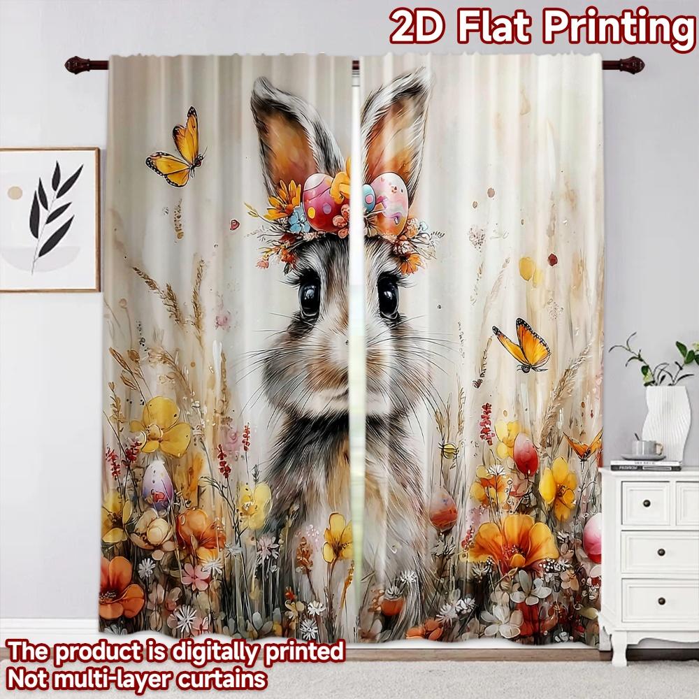 2D flat printing 2pcs Curtain Window Curtains Easter Bunny with Flowers Digital Printed Polyester Drapes Family Party Decoration