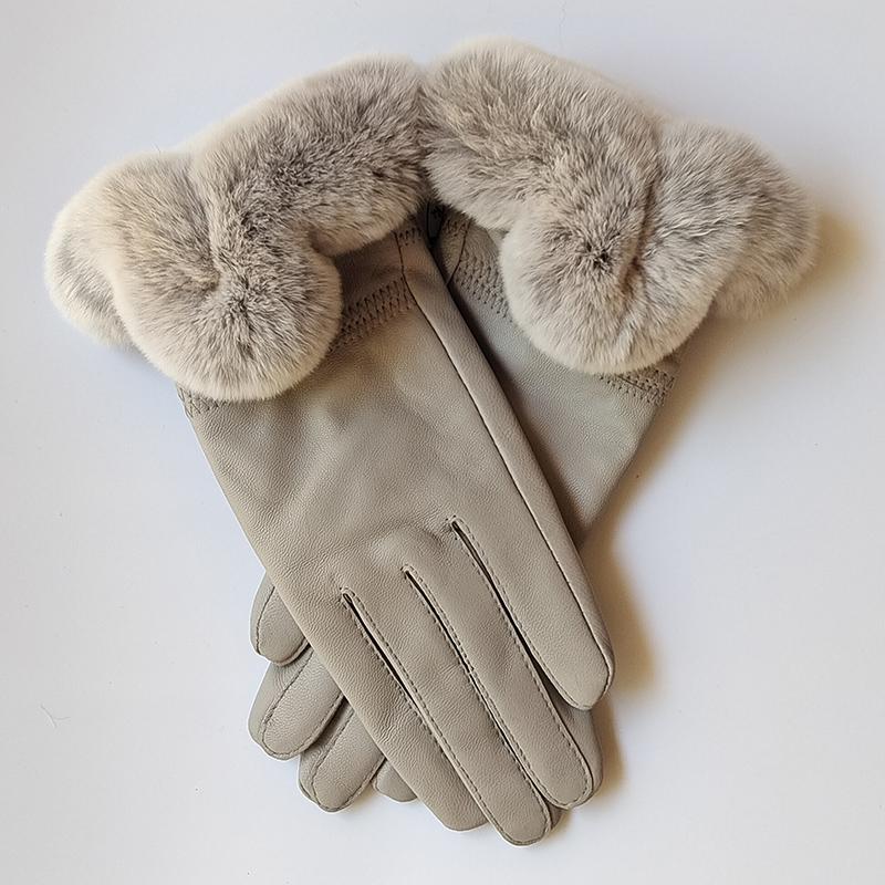 Women Winter Genuine Sheepskin Leather Glove With Rex Rabbit Fur Cuff Warm Winter Female Genuine Leather Gloves Hand Warmer