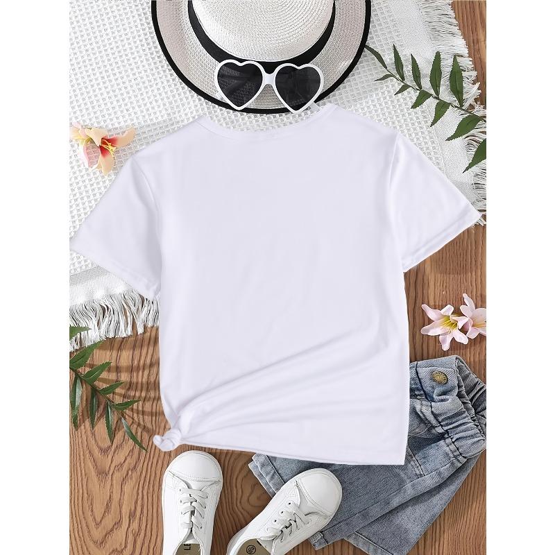 European sizes Girls' 67 Letters & Numbers Print T-Shirt - Casual Round Neck Top Suitable for Spring/Summer, & Casual Attire
