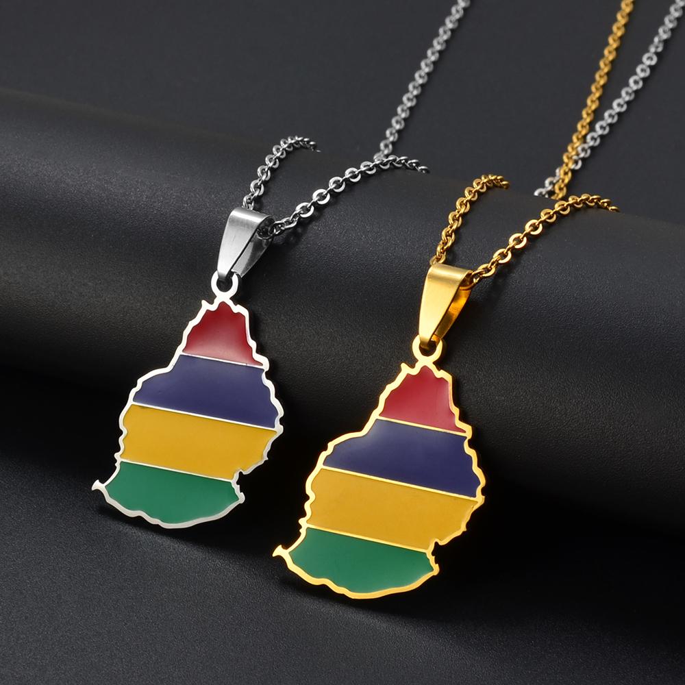 Anniyo Mauritius Map Flag Charm Pendant Necklaces for Women Men Mauritius Africa Stainless Steel Jewelry @298721
