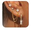 3pcs Set Charm Gold Color Stainless Steel Four-leaf Crystal Stud Earrings for Women Temperament Piercing Chain Jewelry Set Gift