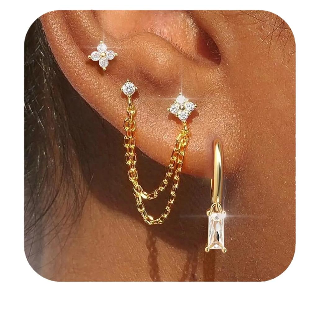3pcs Set Charm Gold Color Stainless Steel Four-leaf Crystal Stud Earrings for Women Temperament Piercing Chain Jewelry Set Gift