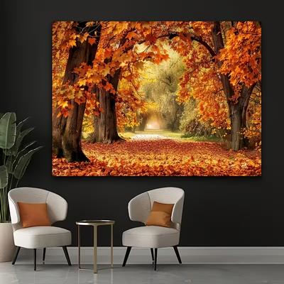 Fall Forest Tunnel Tapestry Maple Leaves Scenery Wall Blanket for Living Room