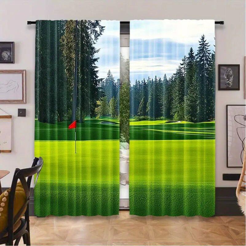 2 piezas - Cortinas con estampado de paisaje de campo de golf   cortinas con ojal para barra   decoración del hogar   decoración de habitación