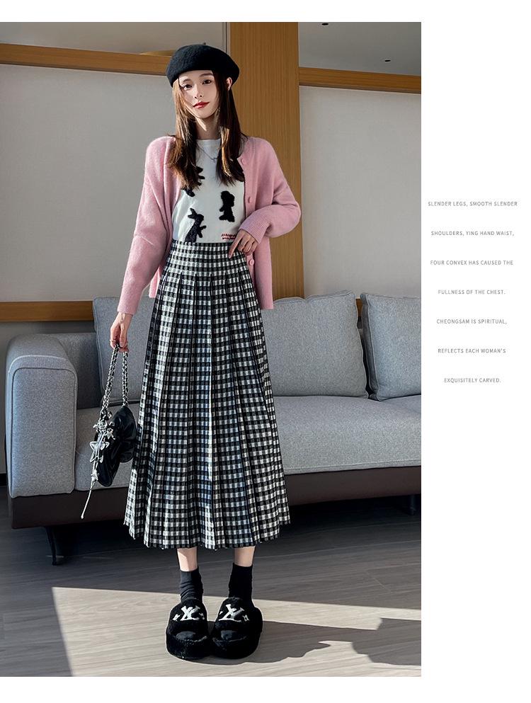 Women's High-Waisted Plaid Pleated Wool Midi Skirt - Fashionable, Slimming, A-Line Design