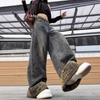 American Retro Baguette Leopard Print Flanged Splicing Wide-leg Jeans Women's Spring and Autumn New Loose and Thin Trousers