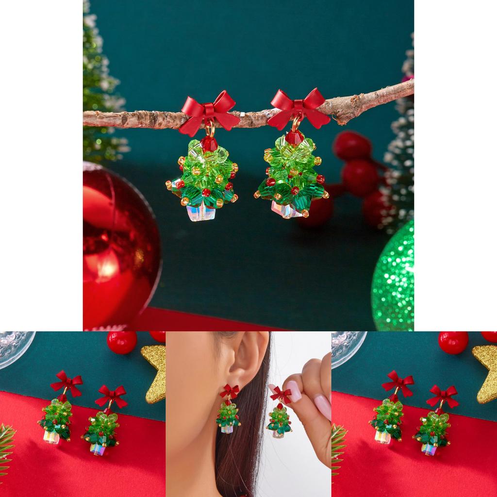 Festive Holiday Earrings Women Alloy Red Bow Christmas Tree Jewelry With Sparkle For Seasonal Wear