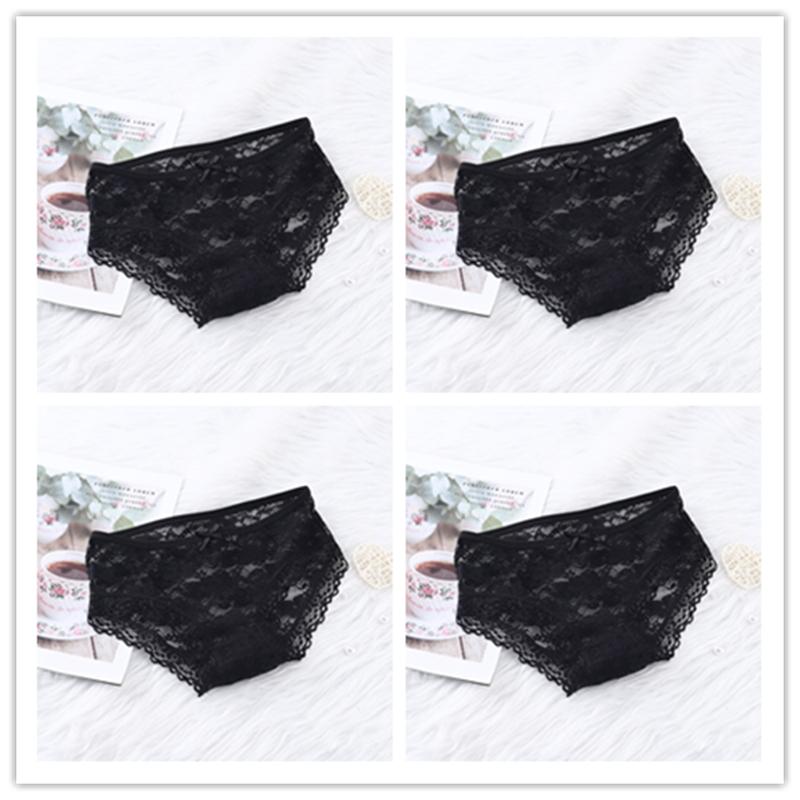 Girls' Sexy Lace Briefs Breathable Underwear with Butterfly Knot Carved Mid Air Waist Knickers Solid Color Women's Triangle Panties