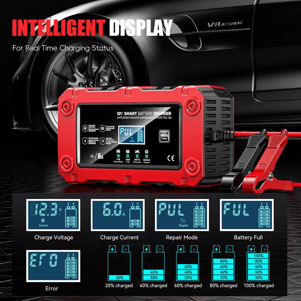 Intelligent Pulse Repair Multifunctional 12V 6A Portable Lead-Acid Smart Battery Charger Maintenance 2025 New Car Motorcycle SUV Battery Charging