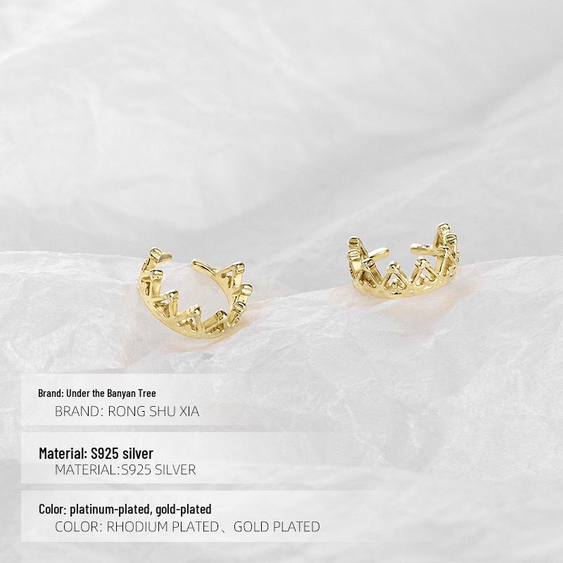 Banyan Tree S925 Silver Crown Ear Clip - No Piercing, Trendy Cold French Style for Women