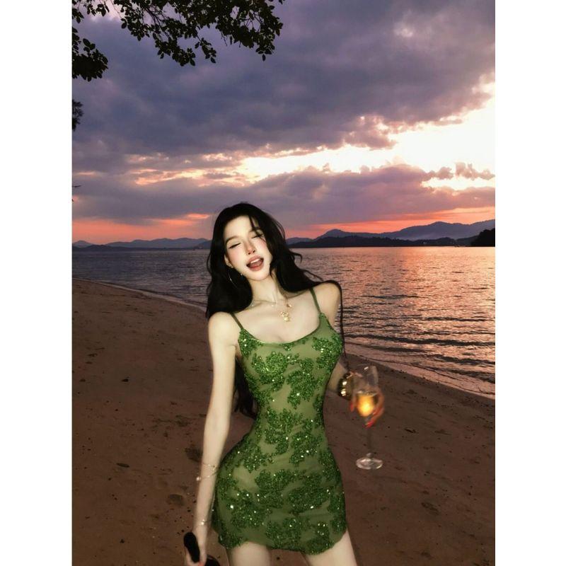 

Heavy Sequined Mesh Asymmetrical Strap Dress for Women, Summer Beach Vacation Style, Slim Fit Bodycon Short Dress Dress S