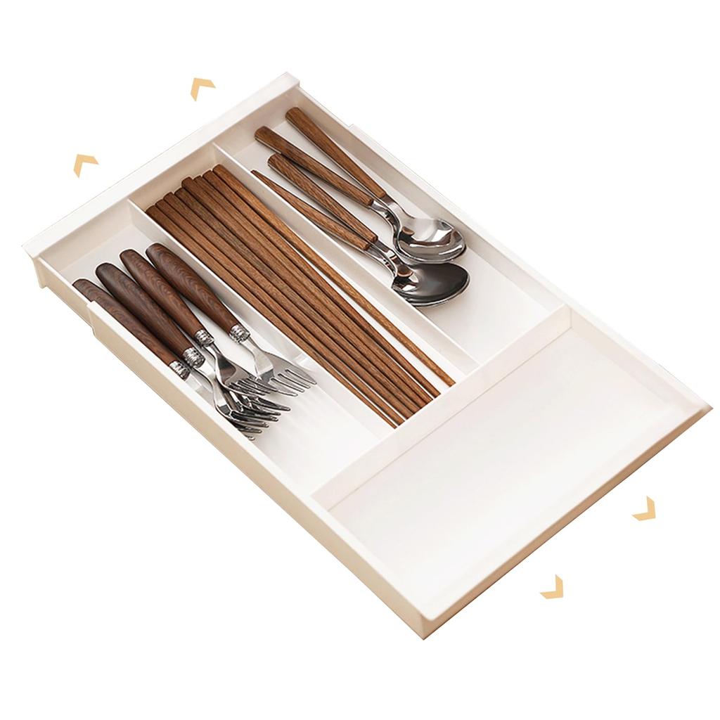 AUTAKI Cutlery Desk Tray with Divided Extendable Dish Storage Tray for Tabletop and Small Item Storage Case, Extendable, 32-50.7cm, 4-Compartment