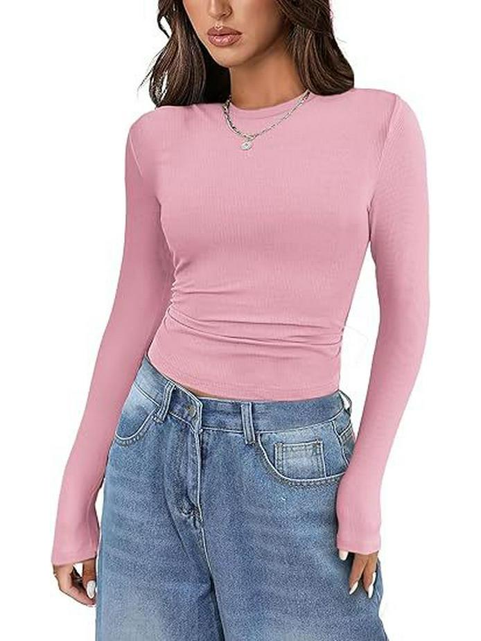 2024 Women's Long-Sleeve Ribbed Crew Neck Slim-Fit T-Shirt