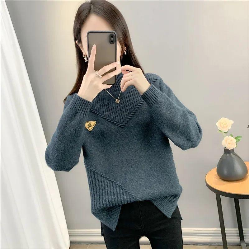 Plus Size Solid Mock Neck Sweater, Casual Long Sleeve Sweater for Fall & Winter, Women's Plus Size Clothing