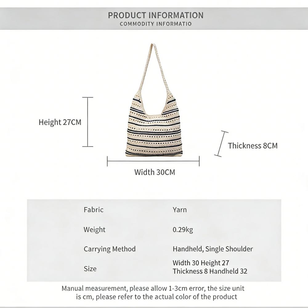 Crochet Tote Bag Striped Woven Shoulder Bag Large Capacity Straw Beach Handbag Fashion Casual Daily Commuting Shopper Tote Bag