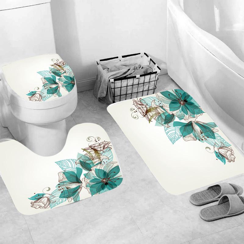 3D Rose Flower Shower Curtain Set Non-Slip Rugs Bath Mat Toilet Lid Cover and 12 Hooks Waterproof Polyester Bathroom Decor