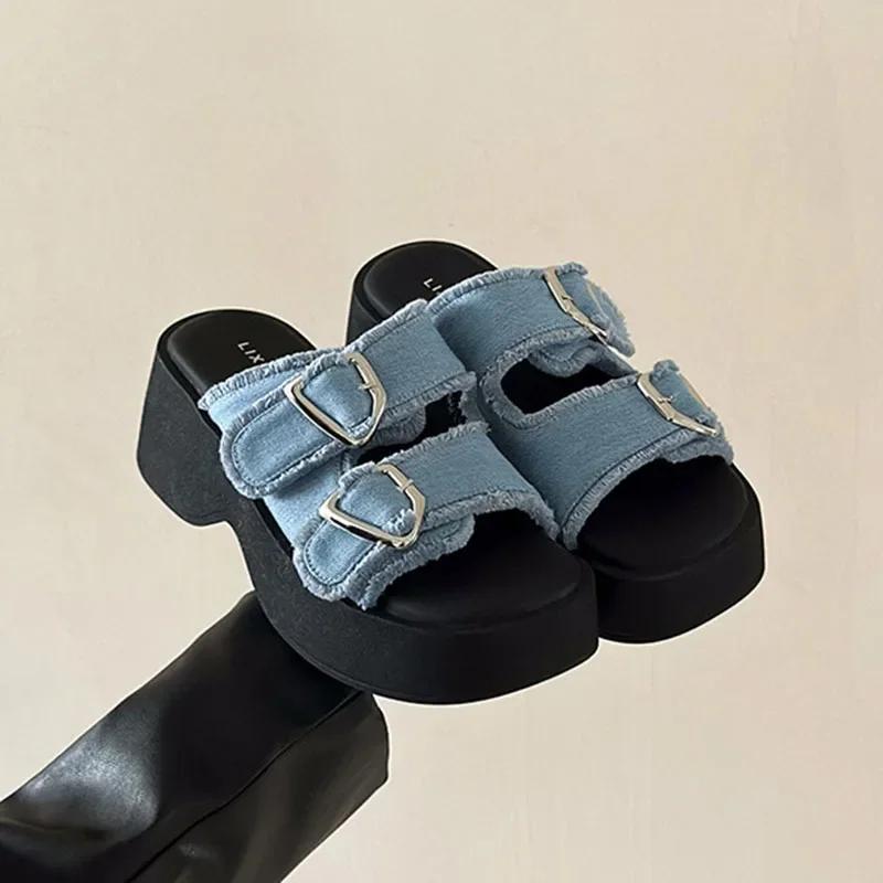 

Denim Canvas Thick Sole Women s Slippers Summer 2024 New Casual High Heel Open Toe Slipper Buckle Fashion Laides Slides Mules 35 світло-синій колір